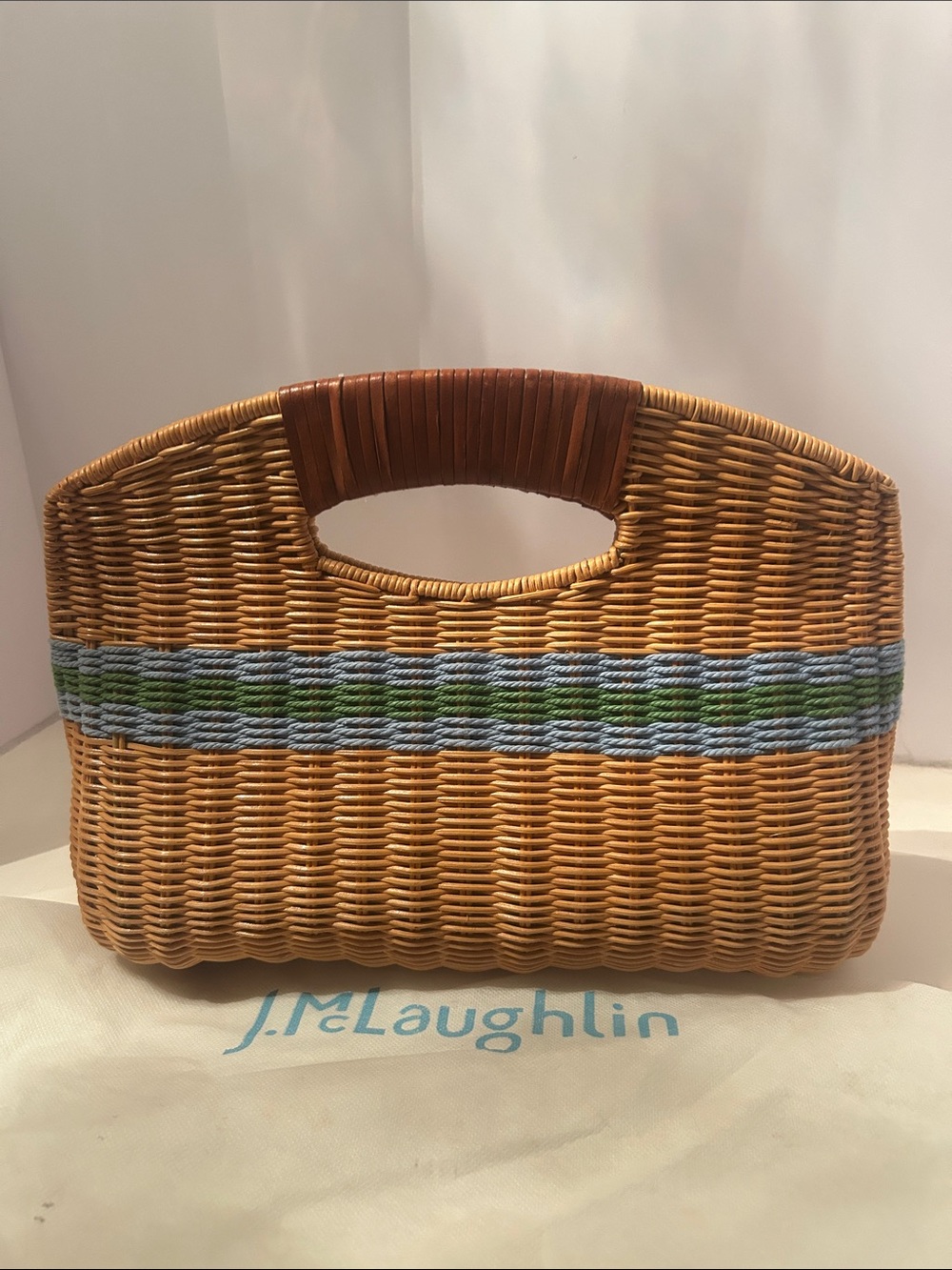 New J. McLaughlin Woven Straw Tote with Blue and Green Stripe
